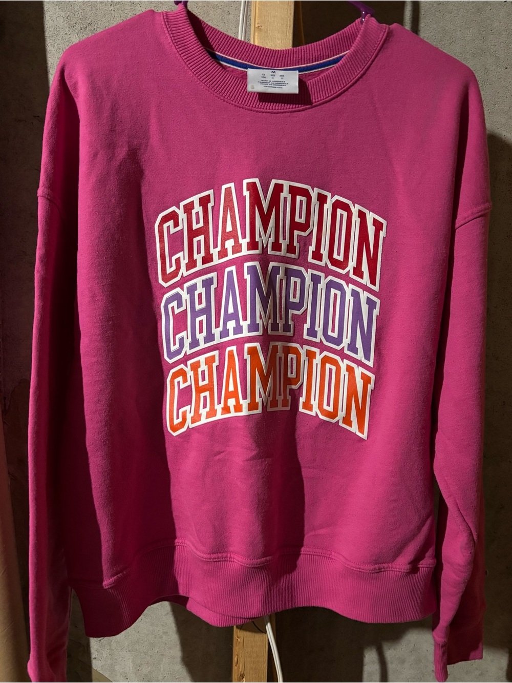 Champion Women's Bright Pink Logo Stack Crewneck Sweatshirt